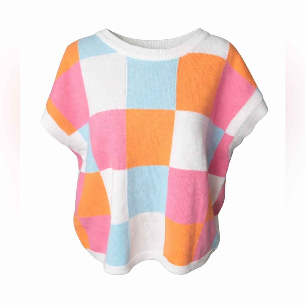 BiBi Pastel Checker Colorblock Sweater‎ Dopamine Knit Retro Mod Boxy- Small